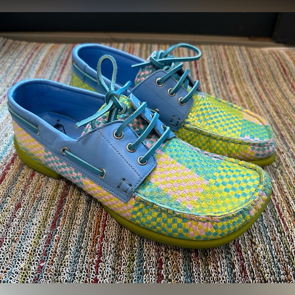 Fluevog LIKE NEW Peacemaker Sailor Swift multi-weave blue loafer boat shoe -9 - Picture 2 of 16